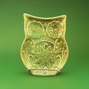 Ceramic Green Woodsy Floral Owl Spoon Rest Cracker Barrel Woodland Embossed